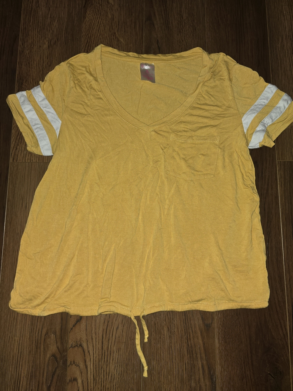 No Boundaries Yellow V-Neck Pocket Tee with White Sleeve Stripes